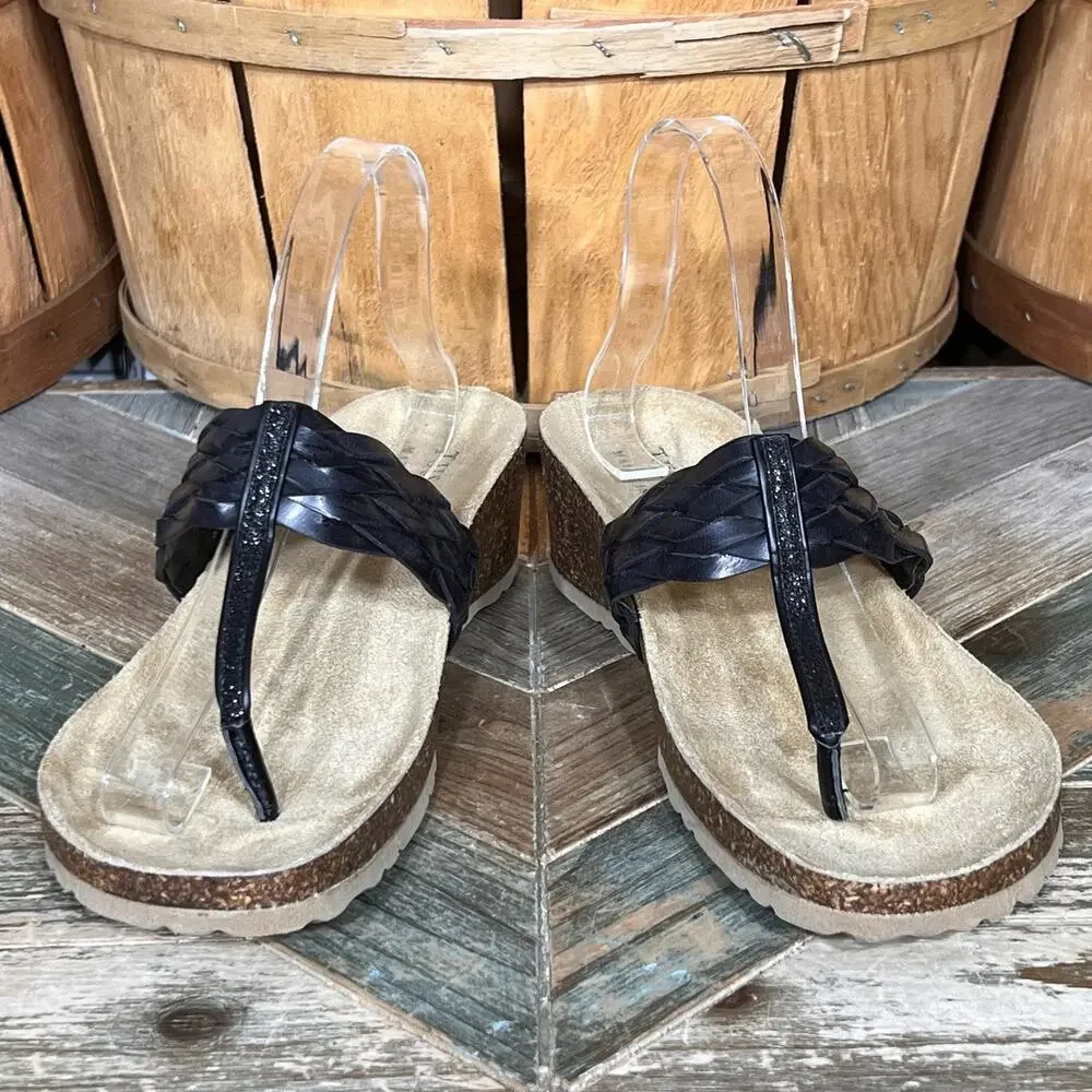 Tuscany by Easy Street Bene Wedge Cork Black Leather Thong Sandals Women 10 WIDE
